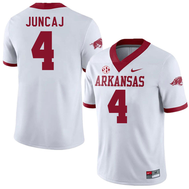 Men #4 Anton Juncaj Arkansas Razorbacks College Football Jerseys Stitched-Alternate White